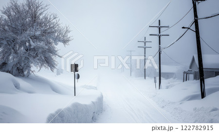 snowy road in mountain village covered in thick snow and fog snowy road in mountain village covered in thick snow and fog 122782915