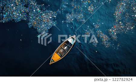 boat navigating through sea covered in plastic waste, highlighting pollution boat navigating through sea covered in plastic waste, highlighting pollution 122782924
