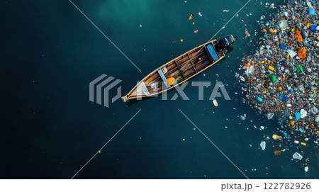 boat sailing through polluted waters surrounded by debris and waste boat sailing through polluted waters surrounded by debris and waste 122782926