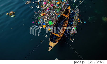 boat sailing through polluted waters surrounded by plastic waste, highlighting environmental boat sailing through polluted waters surrounded by plastic waste, highlighting environmental 122782927