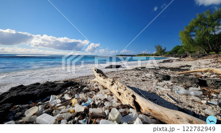 beach littered with plastic waste and debris, highlighting pollution issues beach littered with plastic waste and debris, highlighting pollution issues 122782949