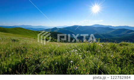 beautiful summer day in mountains with green hills and bright sun beautiful summer day in mountains with green hills and bright sun 122782984