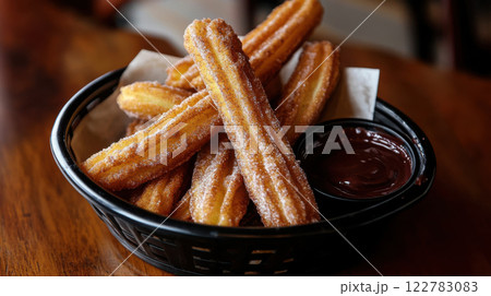 Freshly made churros served with chocolate sauce in basket Freshly made churros served with chocolate sauce in basket 122783083
