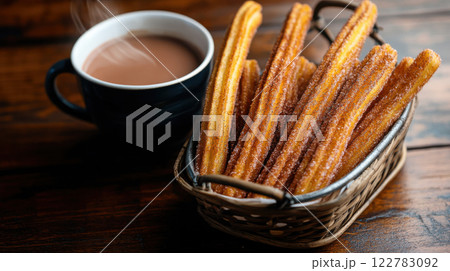 Delicious churros with cinnamon sugar served with hot chocolate Delicious churros with cinnamon sugar served with hot chocolate 122783092