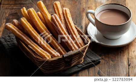 Delicious churros with cinnamon sugar served with hot chocolate 122783094