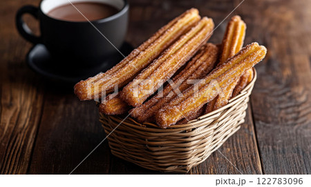 Crispy churros with cinnamon sugar in basket beside cup of coffee 122783096