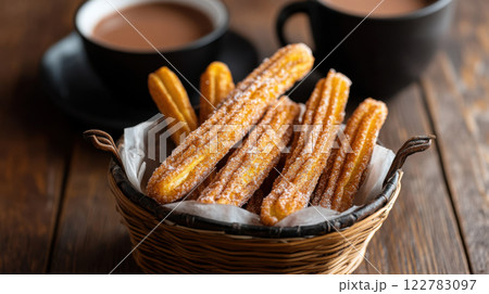 Delicious churros coated in cinnamon sugar served with hot chocolate 122783097