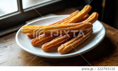 Delicious churros arranged on plate, golden and crispy, perfect for sharing Delicious churros arranged on plate, golden and crispy, perfect for sharing 122783110