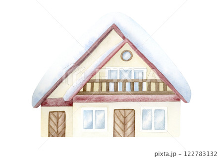 Winter chalet house with snow on roof watercolor illustration isolated on white background. Vintage snow-covered wooden building for Christmas holiday celebration. Snowy tourist lodge 122783132