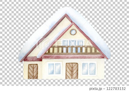 Winter chalet house with snow on roof watercolor illustration isolated on white background. Vintage snow-covered wooden building for Christmas holiday celebration. Snowy tourist lodge 122783132