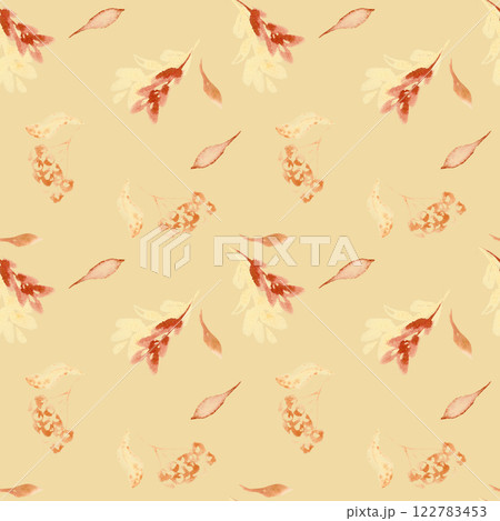 Seasonal watercolor seamless pattern colors of fall with delicate watercolor leaves, branch and berries in warm brown tones. Hand-painted seasonal background soft orange for autumn design. 122783453