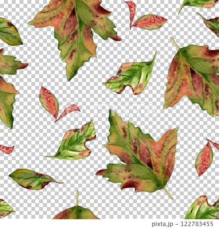 Autumn colorful leaves watercolor seamless pattern isolated on white. Red pink fall leaves of maple, hawthorn, viburnum tree hand drawn in botanical sketch. Foliage repeat background painted design. 122783455
