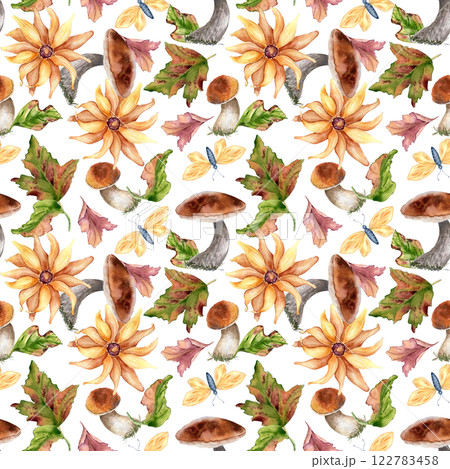 Autumn seamless pattern with porcini, boletus hand drawn. White mushrooms, yellow flowers and butterflies watercolor isolated. Floral botanical repeated background with forest plants for design Autumn seamless pattern with porcini, boletus hand drawn. White mushrooms, yellow flowers and butterflies watercolor isolated. Floral botanical repeated background with forest plants for design 122783458