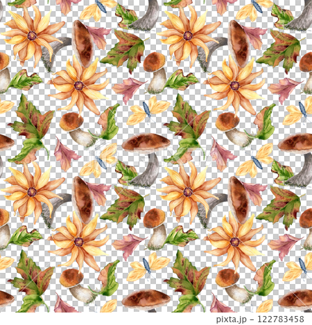 Autumn seamless pattern with porcini, boletus hand drawn. White mushrooms, yellow flowers and butterflies watercolor isolated. Floral botanical repeated background with forest plants for design Autumn seamless pattern with porcini, boletus hand drawn. White mushrooms, yellow flowers and butterflies watercolor isolated. Floral botanical repeated background with forest plants for design 122783458