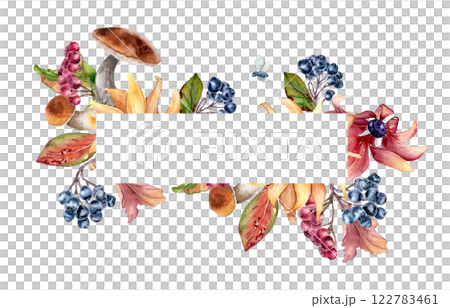 Mushrooms and colorful leaves on watercolor autumn border isolated. Black chokeberry, rowan and porcini with pink yellow flowers painted. Woodland plants on colorful fall frame hand drawn. Mushrooms and colorful leaves on watercolor autumn border isolated. Black chokeberry, rowan and porcini with pink yellow flowers painted. Woodland plants on colorful fall frame hand drawn. 122783461