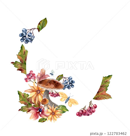 Watercolor wreath with mushroom, flowers and maple red leaves, berries isolated. Autumn frame with bolete, butterfly and wild flora hand drawn. Fall floral foliage botanical sketch for seasonal card. Watercolor wreath with mushroom, flowers and maple red leaves, berries isolated. Autumn frame with bolete, butterfly and wild flora hand drawn. Fall floral foliage botanical sketch for seasonal card. 122783462