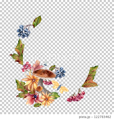 Watercolor wreath with mushroom, flowers and maple red leaves, berries isolated. Autumn frame with bolete, butterfly and wild flora hand drawn. Fall floral foliage botanical sketch for seasonal card. Watercolor wreath with mushroom, flowers and maple red leaves, berries isolated. Autumn frame with bolete, butterfly and wild flora hand drawn. Fall floral foliage botanical sketch for seasonal card. 122783462