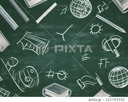 Classic chalkboard background with educational icons and symbols 122783592