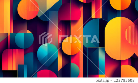Bold geometric design featuring bright interlocking shapes and colors 122783608