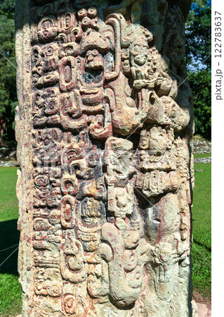 Details of a Maya Stela at the Main Plaza of Copan Archaeological Site. UNESCO world heritage in Honduras 122783637