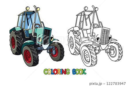 Funny small retro tractor with eyes. Coloring book 122783947
