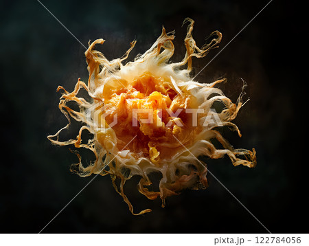 High-contrast gourmet dish featuring artistic fried element and texture 122784056