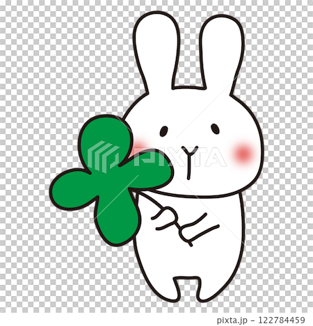 White rabbit holding a four-leaf clover White rabbit holding a four-leaf clover 122784459
