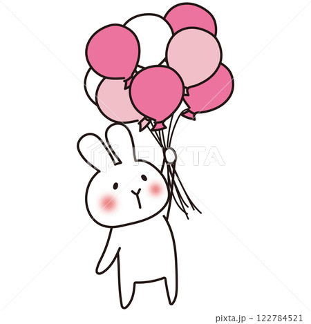 たくさんのピンク色の風船を持っている白いうさぎのイラスト素材