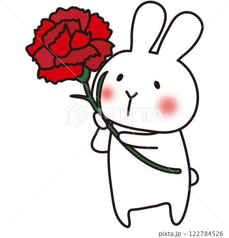大きなカーネーションを持っている白いうさぎ 122784526