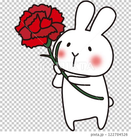 大きなカーネーションを持っている白いうさぎ 122784526