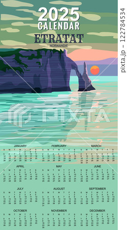 Monthly 2025 Calendar Vintage Travel poster Etretat France, sunset seascape rock cliff Monthly 2025 Calendar Vintage Travel poster Etretat France, sunset seascape rock cliff 122784534