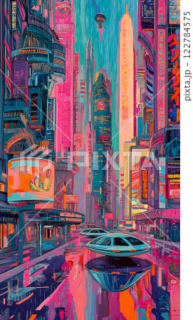 Vibrant retro-futuristic metropolis with neon reflections on streets Vibrant retro-futuristic metropolis with neon reflections on streets 122784575