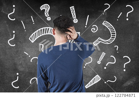 Puzzled man from back of a blackboard, puzzled man scratching his head, confused man from back scratching his head, person from back scratching his head puzzled 122784871