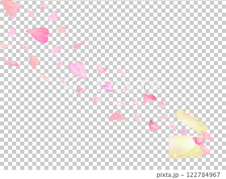 A romantic illustration of a gift box with pink petals spilling out when the lid is opened. Perfect for a celebration. 122784967