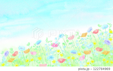 青空と色とりどりの花が咲く野原の美しい水彩イラスト。暖かく幸せなムードいっぱいの背景素材。 青空と色とりどりの花が咲く野原の美しい水彩イラスト。暖かく幸せなムードいっぱいの背景素材。 122784969