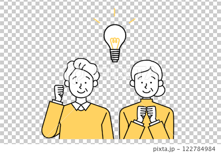 Vector illustration of an elderly couple whose worries have been solved. Inspiration, light bulb, positive, simple, cute Vector illustration of an elderly couple whose worries have been solved. Inspiration, light bulb, positive, simple, cute 122784984