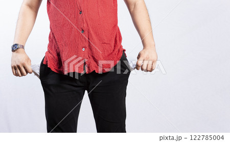 Concept of a man without money, man showing his empty pockets, close up of empty pants pocket Concept of a man without money, man showing his empty pockets, close up of empty pants pocket 122785004