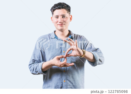 People speaking in sign language isolated. Man showing sign language to talk isolated 122785098