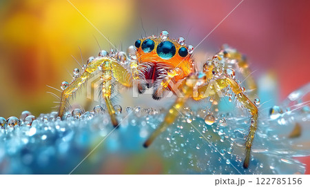 カラフルな水滴のついたクモのアップ カラフルな水滴のついたクモのアップ 122785156