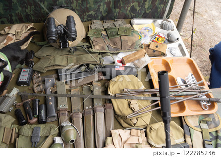Team of U.S. Army marine corps soldier military war with gun weapon participating and preparing to attack the enemy in Thailand during exercise Cobra Gold training in battle. Combat force. 122785236
