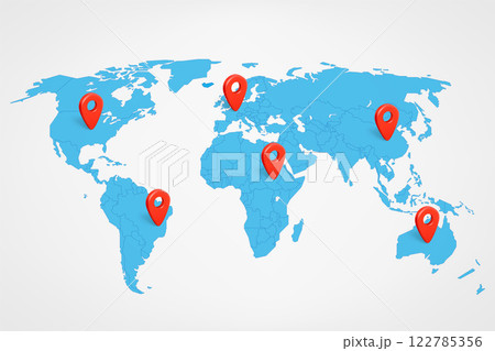 World map with red 3d pins. 3d vector illustration 122785356