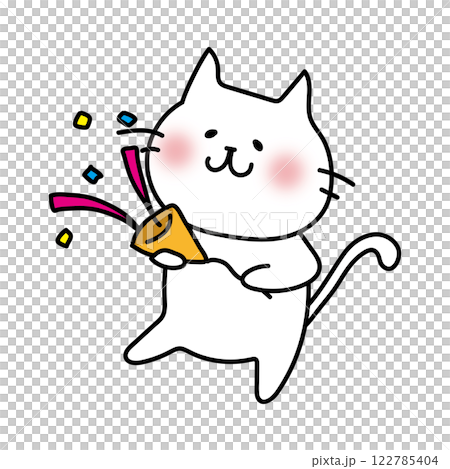 パーティーでクラッカーを鳴らす白い猫 122785404
