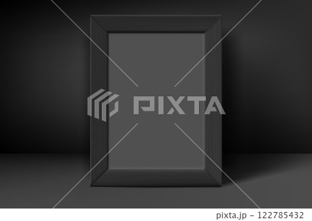 Vertical blank premium black wood frame with grey paper. 3d vector mockup 122785432