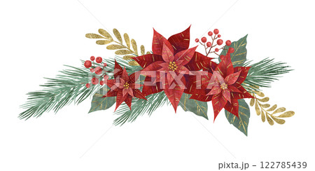 Composition with Christmas flower red poinsettia, fir branches, vegetation and berries isolated Composition with Christmas flower red poinsettia, fir branches, vegetation and berries isolated 122785439