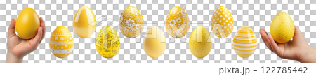 Set of Easter eggs in yellow color with cute pattern and kid hands mockup on transparent background. 122785442