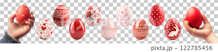 Set of Easter Eggs in Red Color and cute pattern with Kid Hands Mockup on Transparent Background. Set of Easter Eggs in Red Color and cute pattern with Kid Hands Mockup on Transparent Background. 122785456