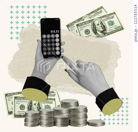 Digital finance management concept with calculator app and cash, vector illustration 122785514