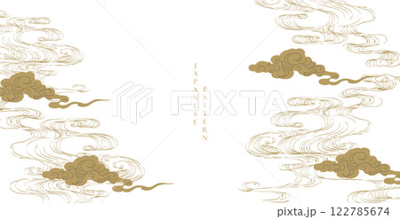 Japanese background with hand drawn line wave pattern vector. Abstract template with geometric pattern. Ocean sea backdrop layout design in oriental style. Chinese cloud elements. 122785674