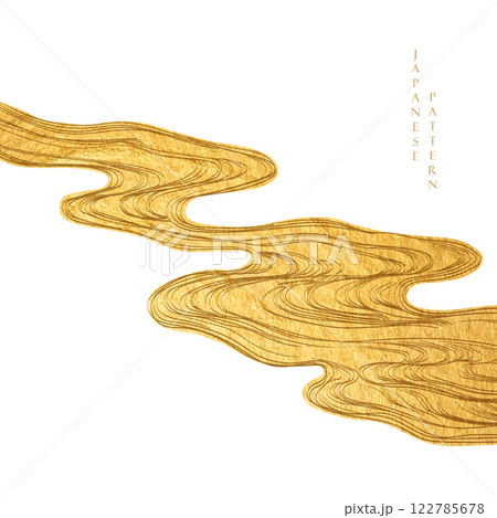 Hand drawn line wave pattern vector with gold texture. Abstract template with geometric pattern. Ocean sea backdrop layout design in oriental style. Chinese cloud elements. 122785678