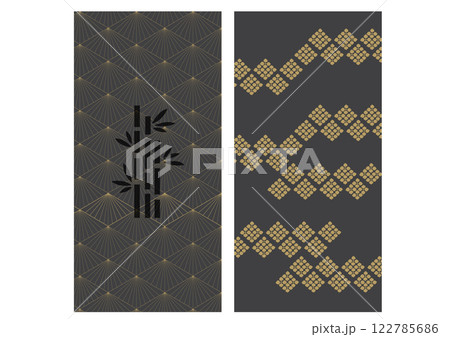 Japanese pattern with geometric pattern vector. Asian background with oriental decoration in vintage style. Black and gold banner design. Bamboo elements. 122785686